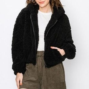 Hooded black teddy coat worn 2x